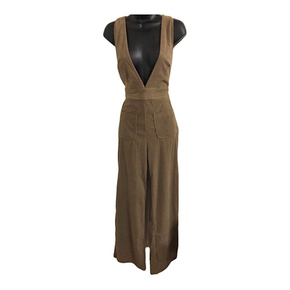 Sincerely Jules brown corduroy plunge front pocketed overalls jumper size medium